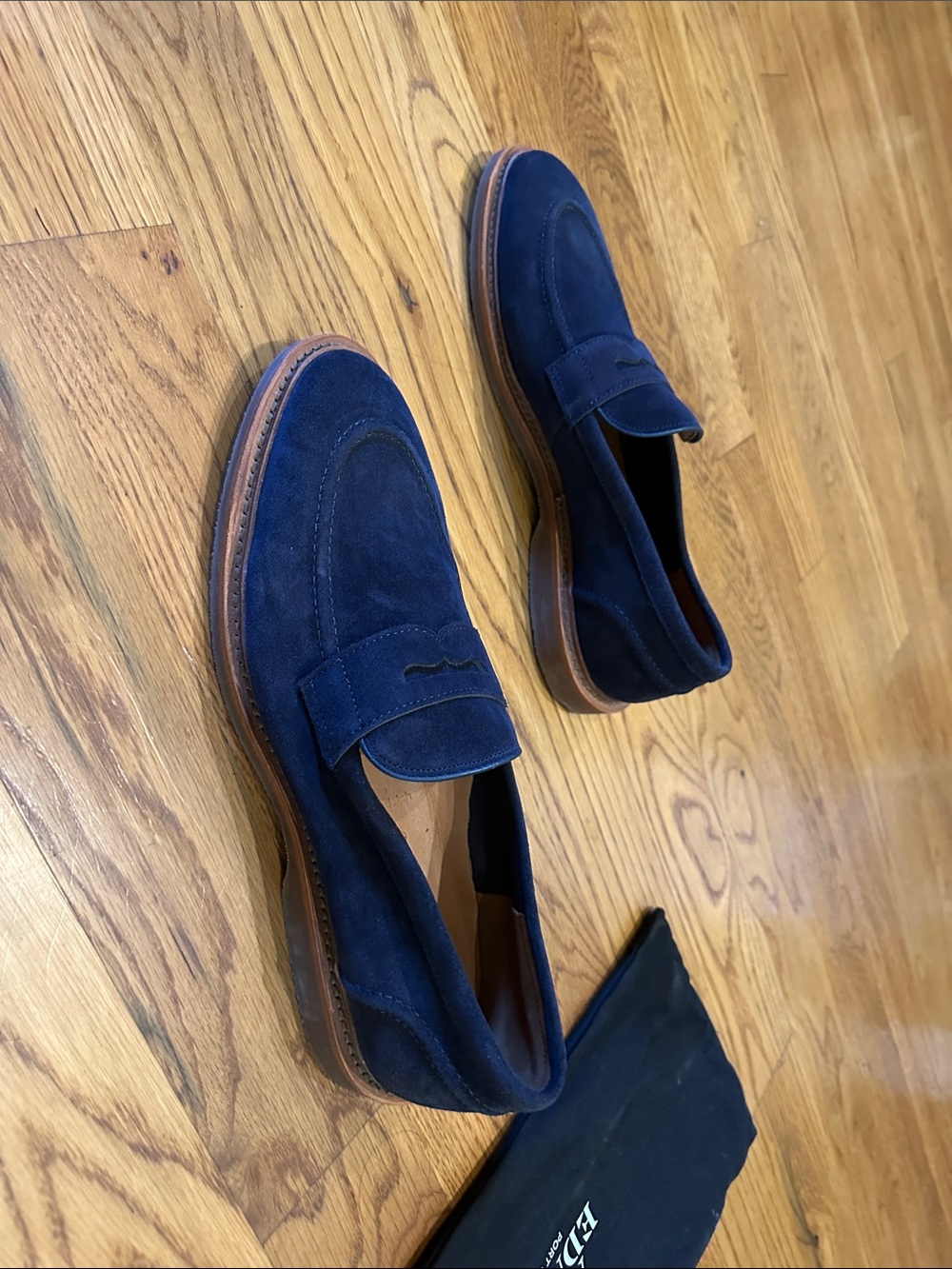 Allen Edmonds Navy Blue Suede Penny Loafers - Picture 2 of 3